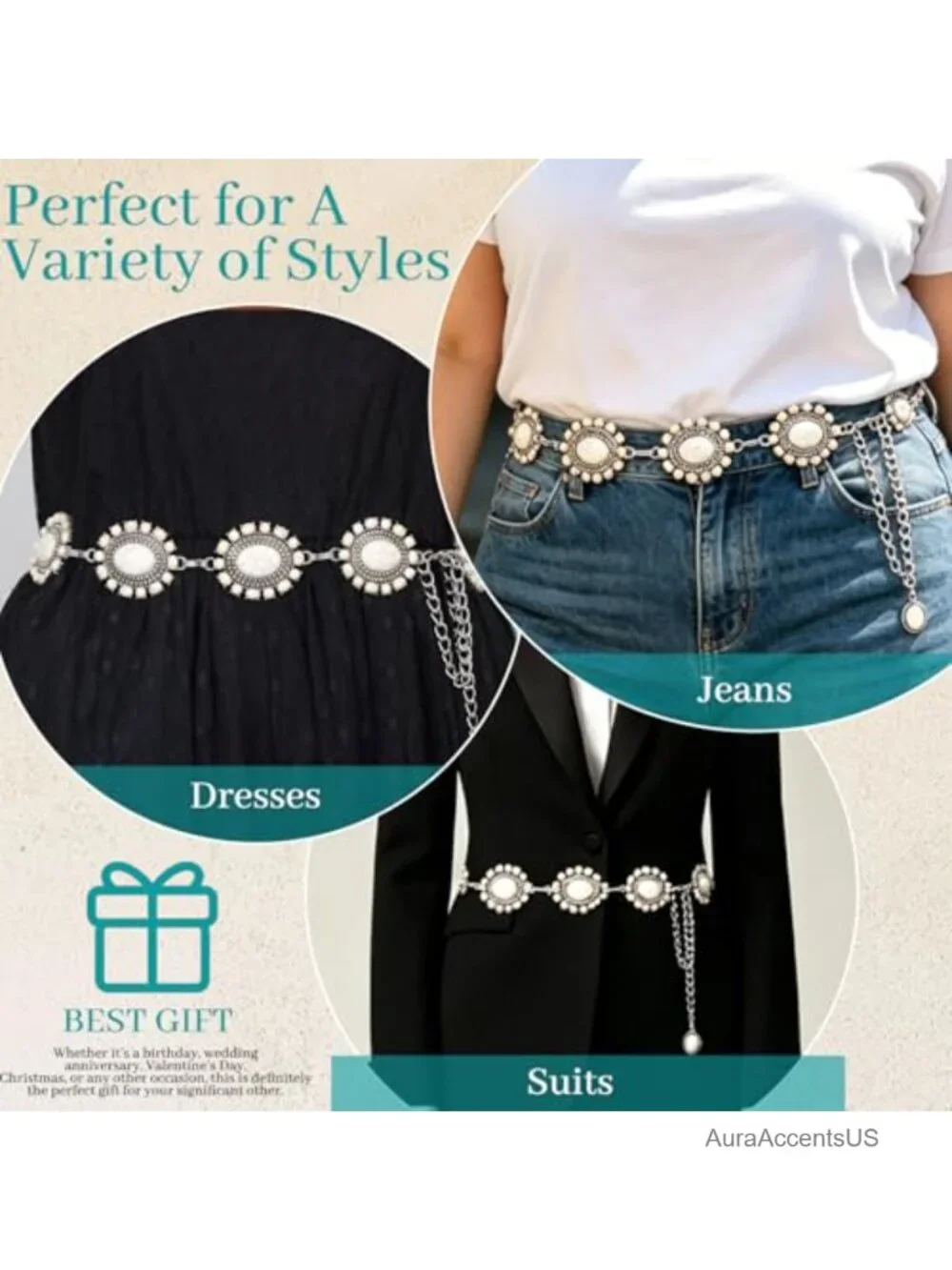 Western Turquoise Concho Chain Waist Belt for Dresses Jeans